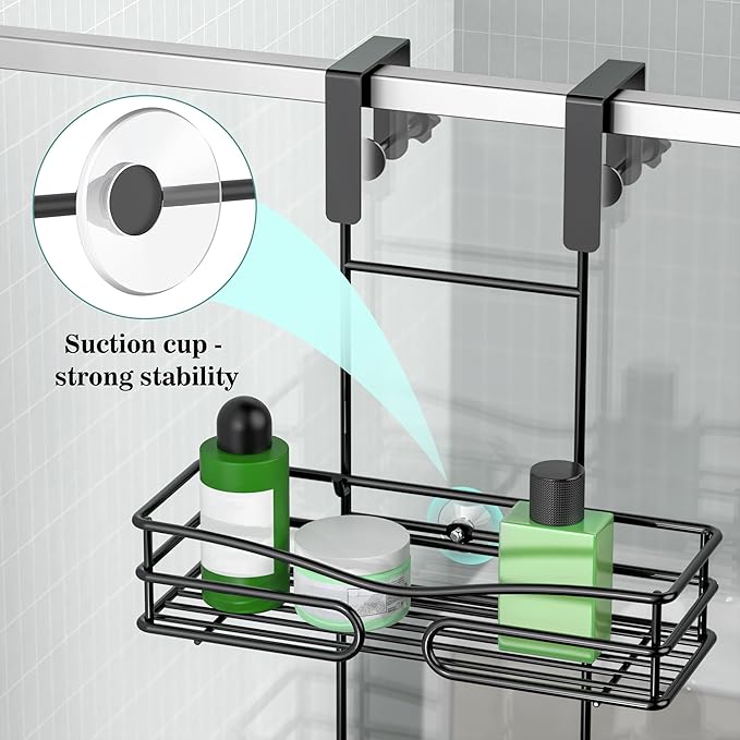 DAOYA Over the Door Shower Caddy Hanging, 3 Tier Adjustable Shower Organizer with Soap Holder, Rustproof Bathroom Shelves Hanging on the Bathroom Glass Door, Matte Black