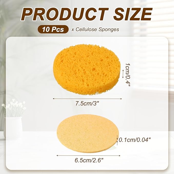 uxcell 10Pcs Cellulose Sponges, Round Kitchen Clean Sponges Non-Scratch Compressed Dish Scrubber for Kitchen Household Cookware Bathroom Cleaning & DIY, Beige