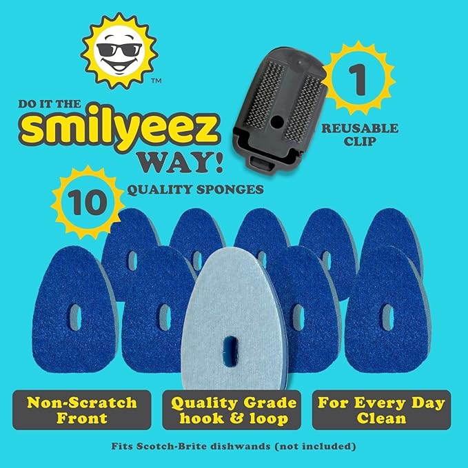 Smilyeez No-Plastic Blue Non-Scratch Sponge Refill with Reusable Clip (10 Pack) for Scotch-Brite's Advanced Soap Control Dishwand - Refill with Adapter, Easy to Install