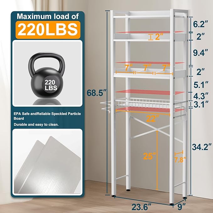 Over The Toilet Storage Cabinet,4 Tier Bathroom Organizer and Storage With Adjustable Shelf Waterproof Feet Pad and Basket Multifunctional Space Saver Freestanding Bathroom Shelves With Dividers White