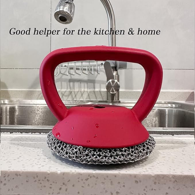 MEIXINZHI Cast Iron Cleaner, Chain Mail Scrubber & Pan Grill Scrapers - 2 in 1 Cast Iron Skillet Cleaner (red, with mat)