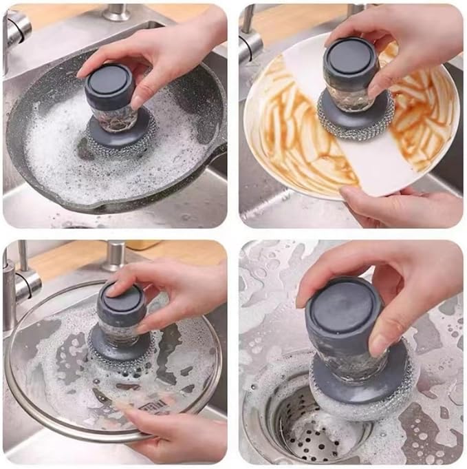 Soap Dispensing Dish Brush Cleaning Steel Wool Scrubber for Dishes Pans Kitchen Sink Bathtub Tile and Household