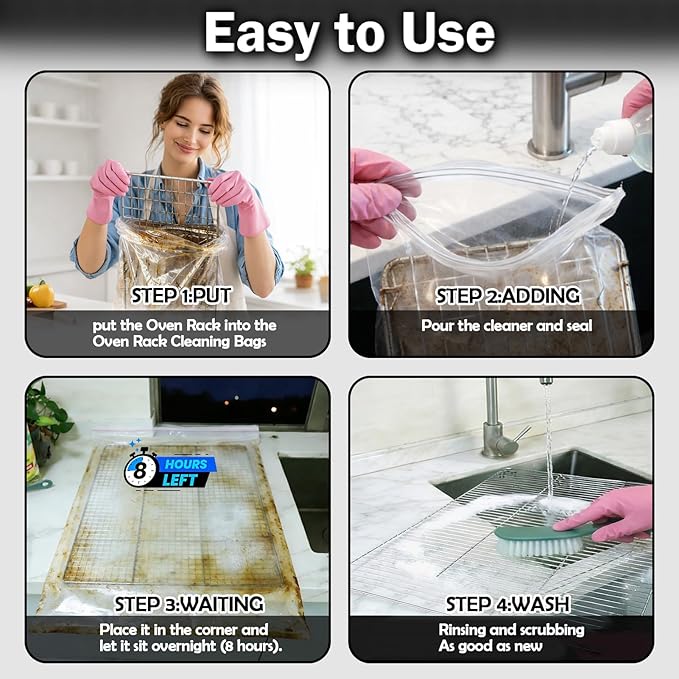 Mity rain 4 packs oven rack cleaner bags kit,Reusable No Scrub Oven Rack Cleaning Bags,Three gloves and one brush,four(19.69*27.56 inch)Leak-Resistant PE Bags,for Deep Soaking Grill Grates, BBQ Racks