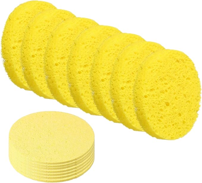 uxcell 20Pcs Cellulose Sponges, Round Kitchen Clean Sponges Non-Scratch Compressed Dish Scrubber for Kitchen Household Cookware Bathroom Cleaning & DIY, Gold