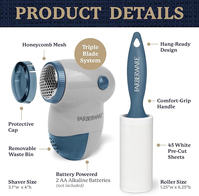 Farberware Fabric Shaver & Lint Remover Set–Battery Operated Sweater Shaver with Triple Blades and Extra Sticky Roller for Pet Hair, Fuzz & Pilling on Clothes, Upholstery & Bedding (Gray/Blue, Small)