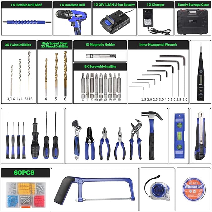 Schneider 21V Tool Set with Drill, 350 in-lb Torque, 0-1350RMP Variable Speed, 10MM 3/8'' Keyless Chuck, 18+1 Clutch, 1.5Ah Li-Ion Battery & Charger for Home Tool Kit