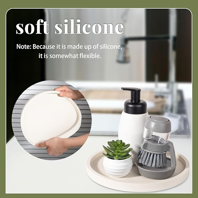 Silicone Bathroom Tray Round Vanity Tray Decorative Soap Holder Kitchen Countertop Organizer Coffee Table Decor for Candle, Perfume, Plant, 12 Inch, Beige