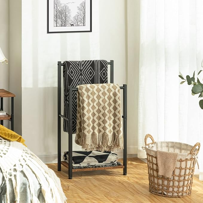 HOOBRO Free Standing Towel Rack for Bathroom, 2 Tier Blanket Rack, 16.5" L x 9.4" W x 31.5" H, Blanket Holder, Drying and Display Rack with Shelf, Rustic Brown and Black BF02LB01