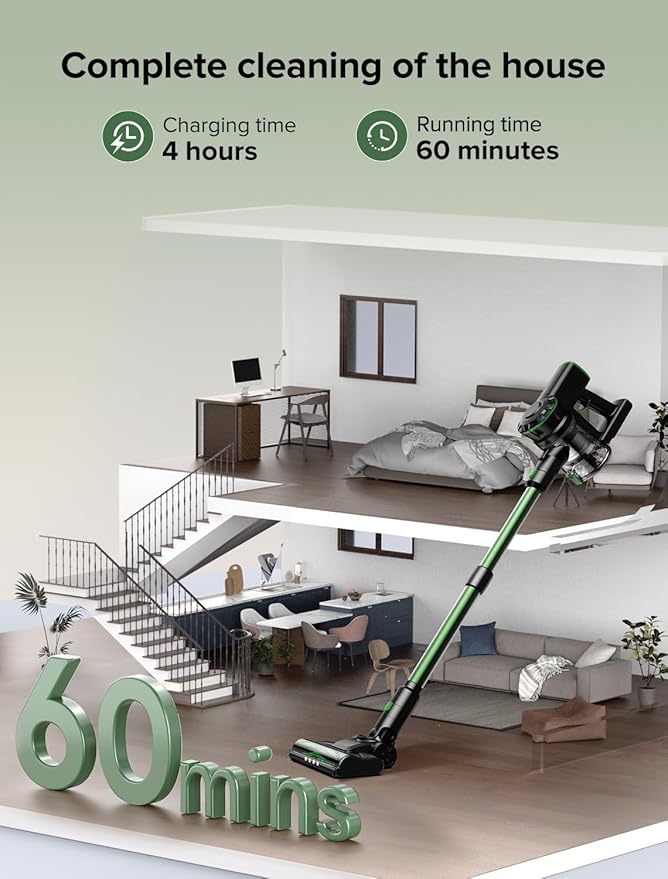 Vexilar Cordless Vacuum Cleaner, 550W/45Kpa/60Mins, Cordless Stick Vacuum Cleaner with Self-Standing and Touch Screen, 6-in-1 Lightweight, Rechargeable Vacuum for Pet Hair Carpet Hardwood (Green)