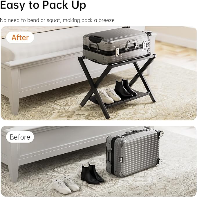 HITNET Luggage Rack for Guest Room, Pack of 2, Suitcase Stand Folding Bedroom, Bamboo Hotel Luggage Holder with Fabric Storage Shelf and Nylon Straps, Black