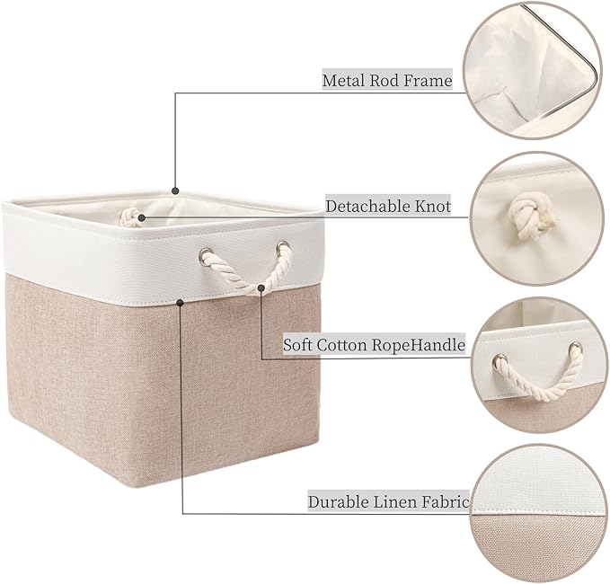 Mangata Canvas Storage Boxes, 11 Inch Cube Storage Bins Set of 6, Fabric Baskets with Cotton Rope Handle for Organizing Clothes Nursery Home (Khaki/White)