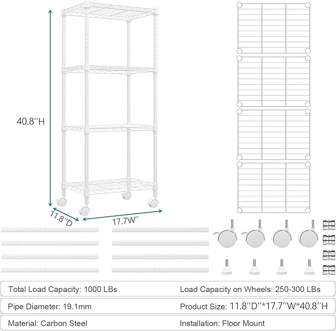 M MZG 1000 lbs 4-Shelf Adjustable Heavy Duty Steel Wire Rack, Adjustable Storage Shelving Unit with Wheel for Kitchen, Garage, Laundry White 11.8" D x 17.7" W x 40.8" H