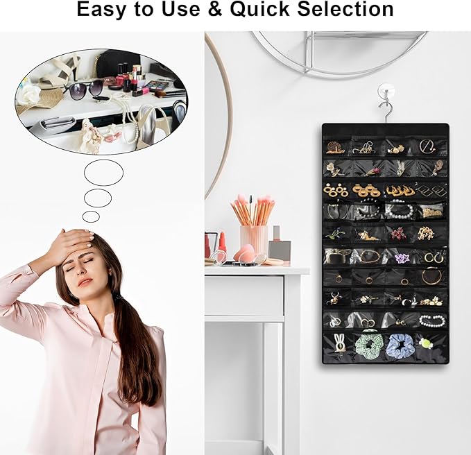 Hanging Jewelry Organizer for Closet, Double-Sided 48 Pockets & 8 Necklaces Holder Jewelry Hanging Organizer to Store Earrings, Necklaces, Bracelets, Rings