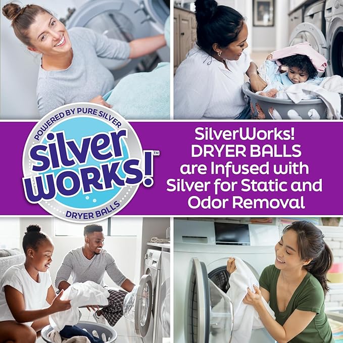 SilverWorks! Wool Dryer Balls Laundry Reusable - Odor Eliminating Dryer Laundry Balls with Silver Technology - Natural Fabric Softener and Static Reducer, Reduce Drying Time and Energy Costs - 6 Pack