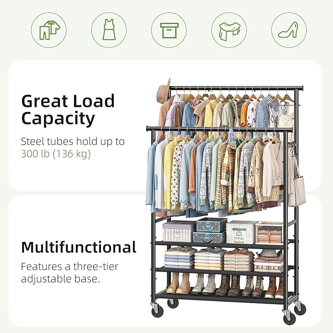 Ekisemio Double Rods Clothes Rack for Hanging Clothes, Rolling Clothing Rack with Wheels, 3-Tier Hanging Rack with Mesh Shelves, Holds 300 LBS for Bedroom, Laundry, Living Room, Black