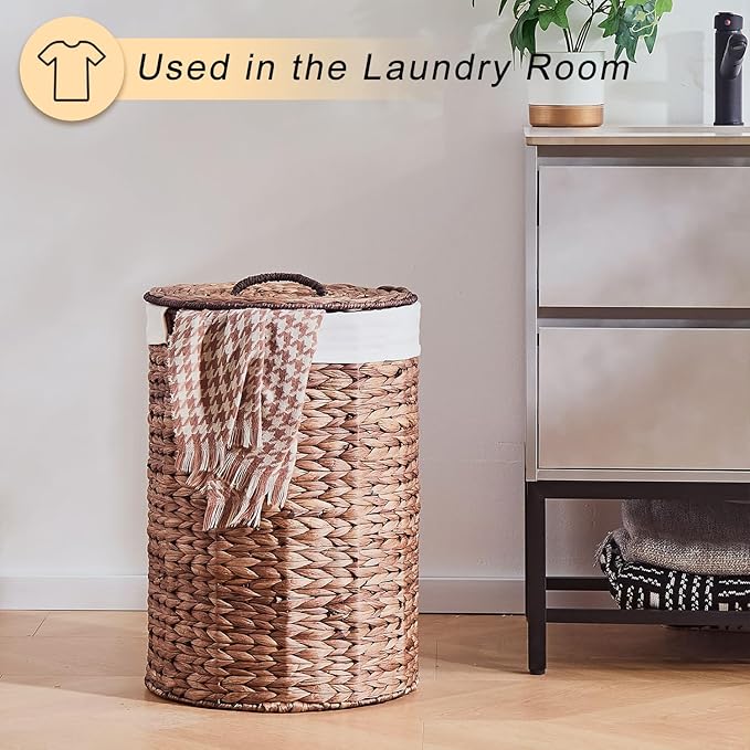 Round Water Hyacinth Laundry Hamper with Lid Handwoven Wicker Basket with Handles for Dirty Clothes, Storage, and Organization Ideal for Bedroom, Bathroom, and Laundry Room, No Assembly Required, 60L