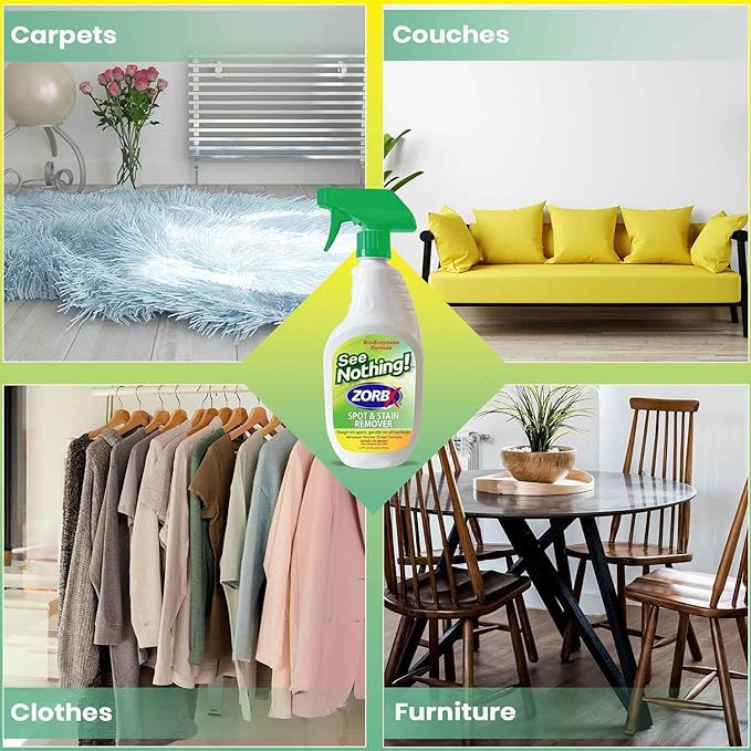 ZORBX See Nothing Spot & Stain Remover Spray (24 oz.) - All Purpose Cleaner for Shoes, Clothes, Furniture & Pet bedding - Fast-Acting Scrub-Free Odor & Enzyme Stain Remover for Ink, Blood & Urine