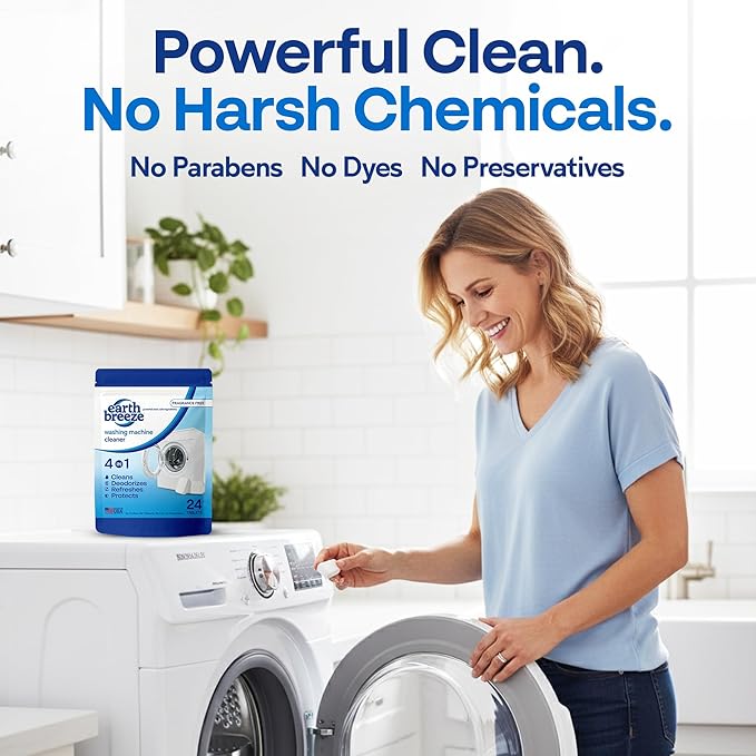 Earth Breeze Washing Machine Cleaner Tablets - 1 Year Supply - Deep Cleans, Removes Odors, Residue & Buildup - Front Load, Top Load & HE Washers - Fragrance-Free - No Harsh Chemicals - Made in USA