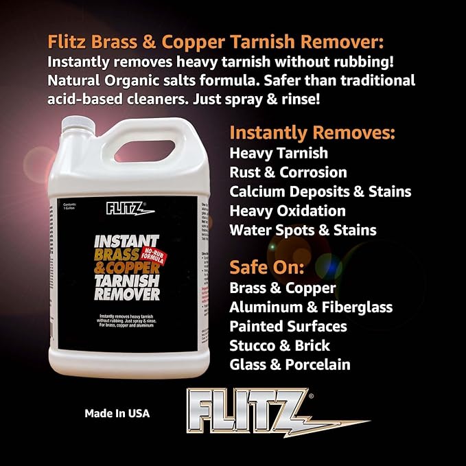 Flitz Instant Brass and Copper Tarnish Remover - 1 Gallon Bottle of USA-Made Organic Rust Remover Spray (No-Rub) - Removes Stains & Oxidation from Glass & Aluminum - Brass Cleaners That Work (1 Pack)