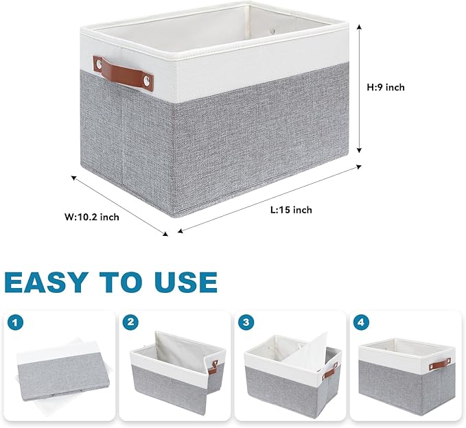 4 Pack Fabric Storage Baskets for Shelves, Closet Storage Bins for Shelves, Fabric Baskets for Organizing with Handles for Home and Office (White with Grey,15"L*10.2"W*9"H)