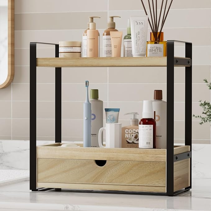 Boulphia 2-Tier Bathroom Organizer Countertop with Drawer, Wood Bathroom Counter Shelf for Storage, Vanity Organizer Countertop for Kitchen, Office