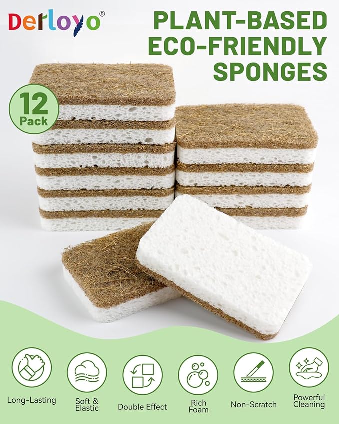 12 Count Plant-Based Kitchen Sponges, Compostable Cellulose Sponge, Biodegradable Sponges for Dishes, Non-Scratch Cleaning Sponges for Kitchen, Bathroom, Household Cleaning