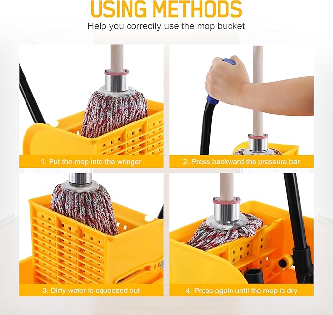 Ridgeyard 5.28 Gallon Side Press Yellow Mop Bucket with Wringer, Mop Bucket with Wringer Set for Home Use, Dirty Water Separator, 11x16.92x27.55 Inch