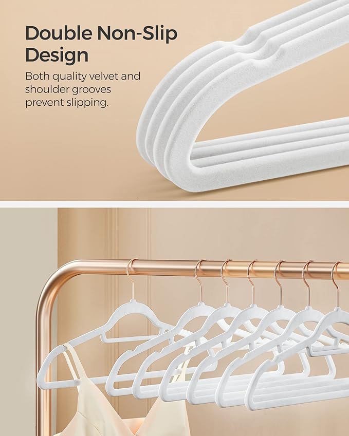 SONGMICS Velvet Hangers, Set of 60 Clothes Hanger with Rose Gold Swivel Hook, Non-Slip, and Space-Saving, 0.2-Inch Thick, 17.1-Inch Long for Coat, Shirt, Dress, Pants, Tie, Cloud White UCRF0021W01
