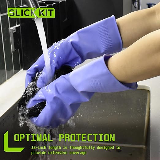 Rubber Kitchen Cleaning Gloves, Reusable Dishwashing Gloves, Non-Slip, with Flocked Liner, 3 Pairs (Pink+Yellow+Blue) (Medium)