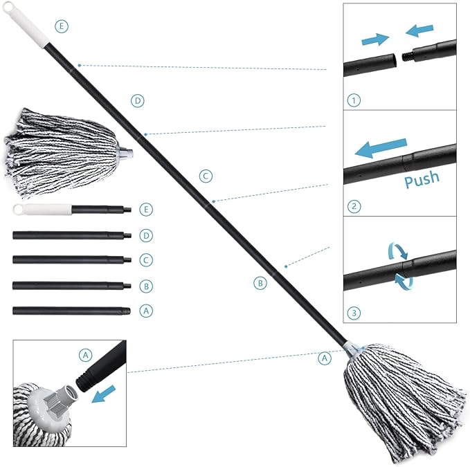 Indoor Mop for Floor Cleaning - Cotton Mops for Floor Cleaning, Regular Mop for Floors, 52-inch Simple Mops for Cleaning Living Rooms, Bathrooms, and Kitchens. (White&Grey)