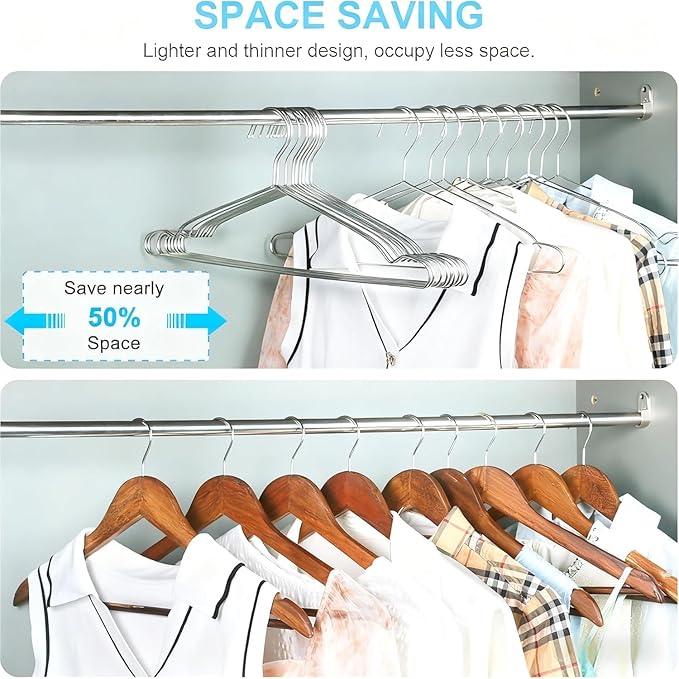 Hangers 20 Pack Coat Wire Hangers Heavy Duty Stainless Steel Clothes Hanger with Non Slip Grooves, 16.5 Inch Ultra Thin Metal Hangers Space Saving Clothing Hanger Silver