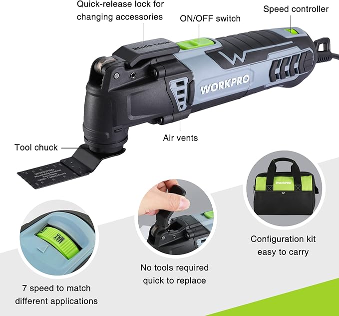 WORKPRO Oscillating Multi-Tool Kit for Christmas, 3.0 Amp Corded Quick-Lock Replaceable Oscillating Saw with 7 Variable Speed, 3° Oscillation Angle, 17pcs Saw Accessories, and Carrying Bag