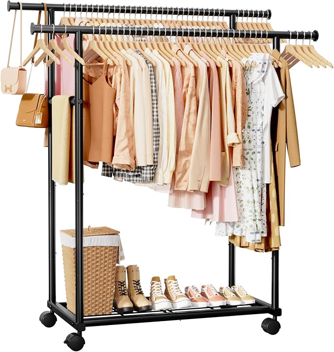 Sakugi Metal Clothes Rack - Double Rod Clothing Rack with Fixed Design and Rolling Wheels, Coat Rack with Built-In Shelf for Closet Organizers and Storage (45.6" x 16.9" x 61.0", Black)