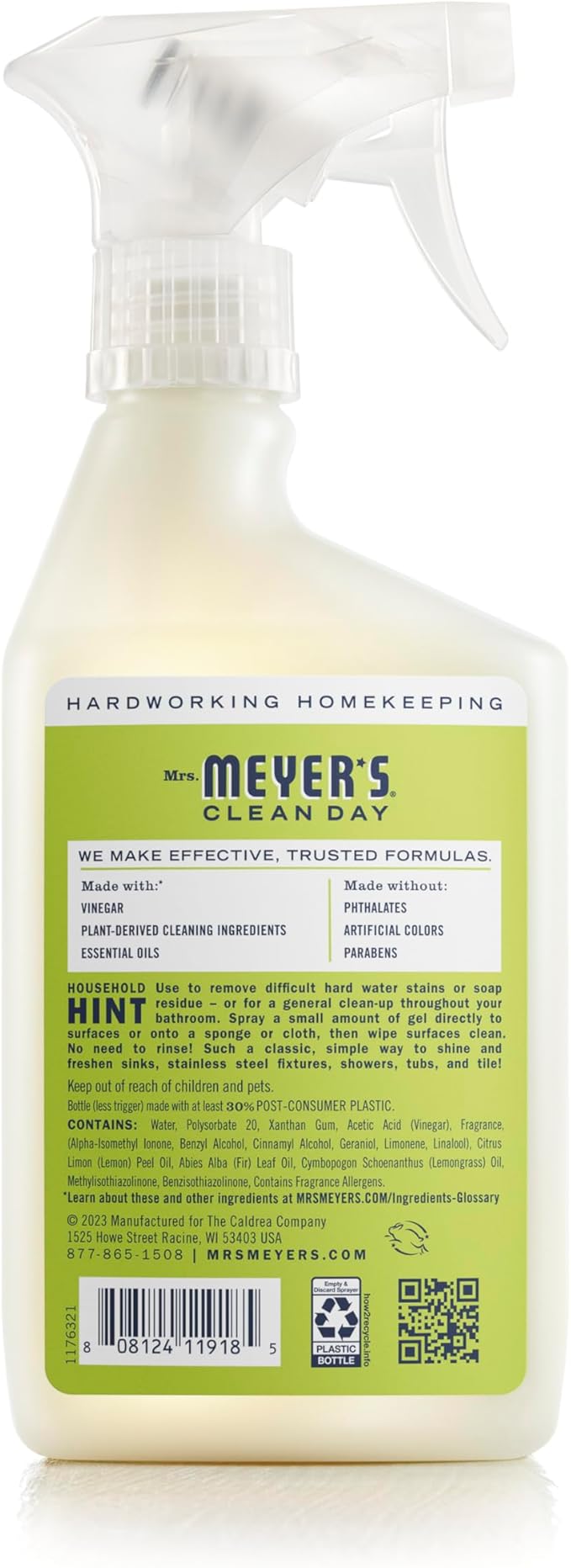 MRS. MEYER'S CLEAN DAY Vinegar Gel Cleaning Spray, Bathroom Use, No-Rinse Formula, Lemon Verbena, 16 Fl Oz, Pack of 1