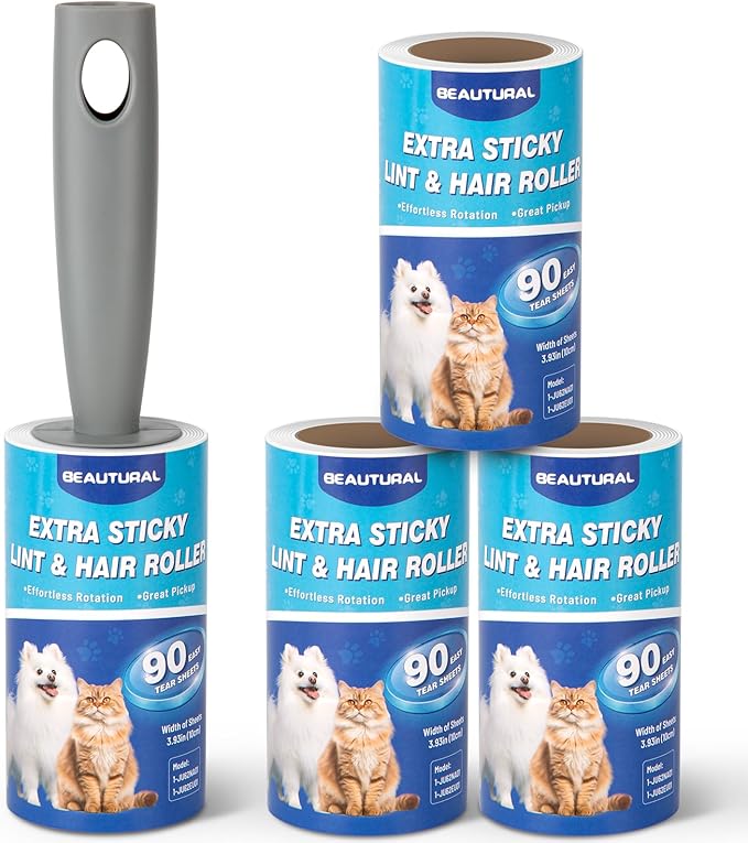 BEAUTURAL Lint Roller, Extra Sticky 360 Sheets for Pet Hair Removal, Dog and Cat Lint Remover 4 Pack, Upgraded Version