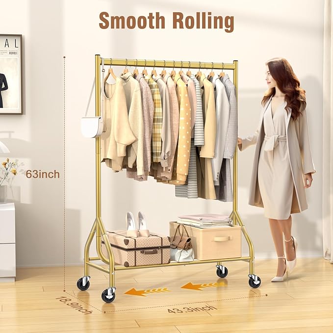 EAGMAK Heavy Duty Clothes Rack Load 420 LBS, Rolling Garment Organizer with Lockable Wheels, Standing Metal Clothing with Shelves, Portable Wardrobe Rack Sturdy Coat Rack for Hanging (Gold)