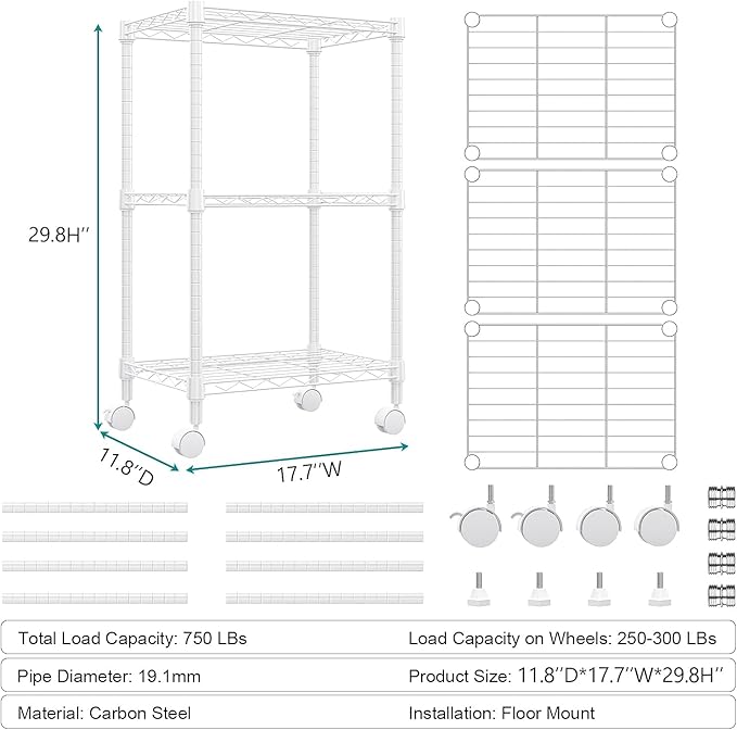 M MZG 3 Tier Shelf Metal Storage Shelves Wire Rack Closet Organizers with Wheel for Garage Kitchen Bathroom Laundry White 11.8" D x 17.7" W x 29.8" H