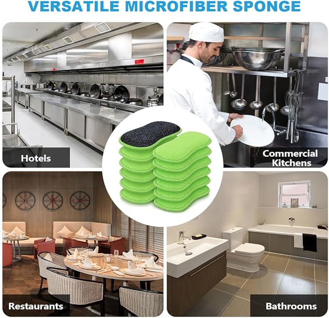 HOMEXCEL 12 Pack Multi-Purpose Scrub Sponges Kitchen Dish Sponge Non-Scratch Microfiber Sponge for Efficiently Cleaning Dishes Pots Pans Green