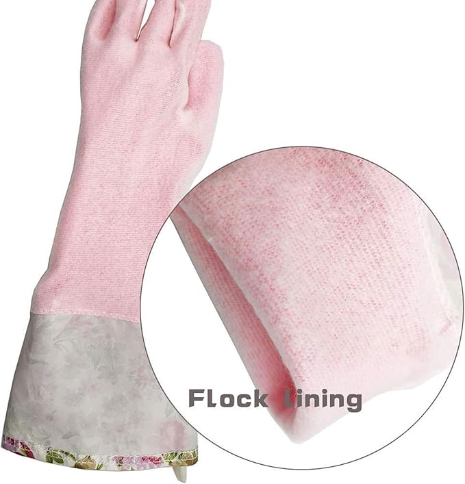 KINGFINGER Dishwashing Cleaning Gloves, 2 Pairs Reusable Rubber Gloves PVC Latex-Free Waterproof Long Cuff and Flock Lining Household Cleaning Glove(Blue + Purple)