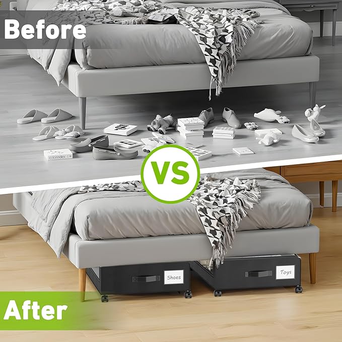 YAASHEEN Under Bed Storage with Wheels, 4-Pack Under the Bed Storage Containers with Clear Lids & Label, Underbed Storage Bins, XXL 60L Rolling Metal Drawer for Clothes, Shoes, Toys, Books - Black