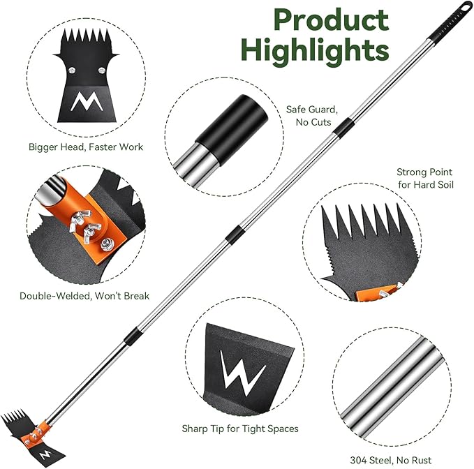 3-in-1 Weed Puller Tool Set with 60" Adjustable Long Handle, Manual Weeder Rake, Garden Hoe & Pruning Shears | Heavy Duty Stainless Steel for Vegetable Gardening, Lawn, Backyard & Farm