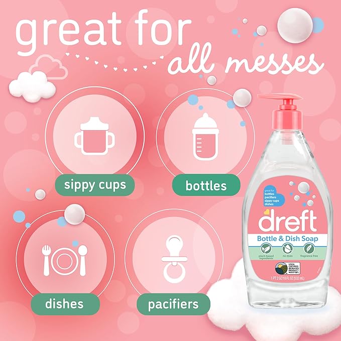 Dreft Baby, Bottle and Dish Soap, Removes Milk Film & Odor, Plant Based, Fragrance Free, Travel Size Bottles, 24 Fl Oz (Pack of 2)