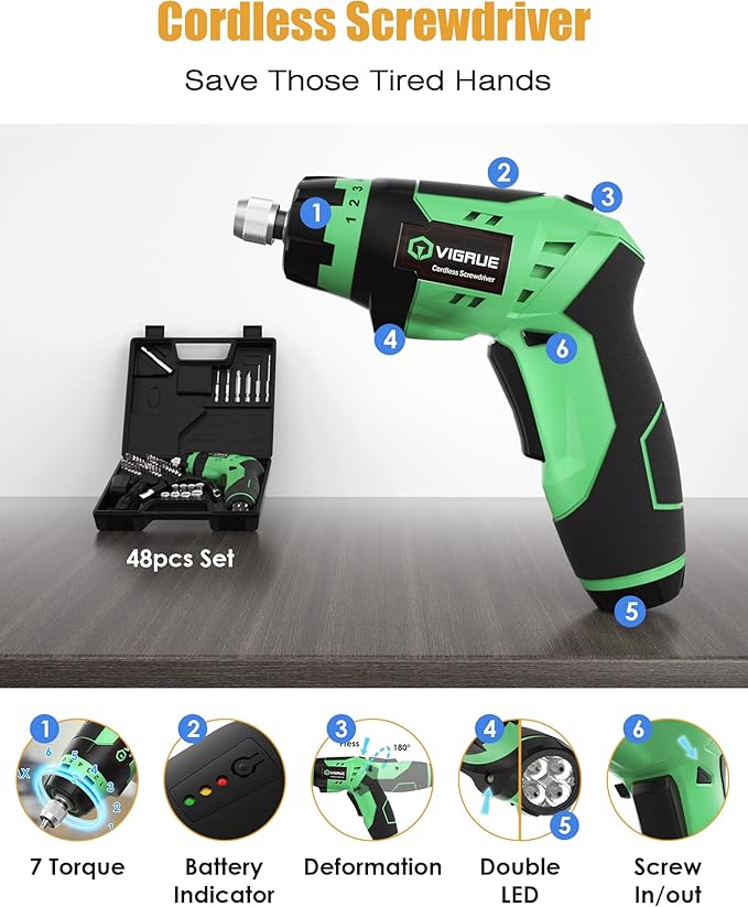 VIGRUE Cordless Screwdriver, Rechargeable Electric Screwdriver with LED Light, Flexible Shaft