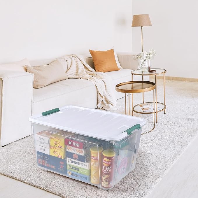 Begale 80 L Plastic Storage Bins with Lids, 4-Pack Clear Storage Box with Wheels
