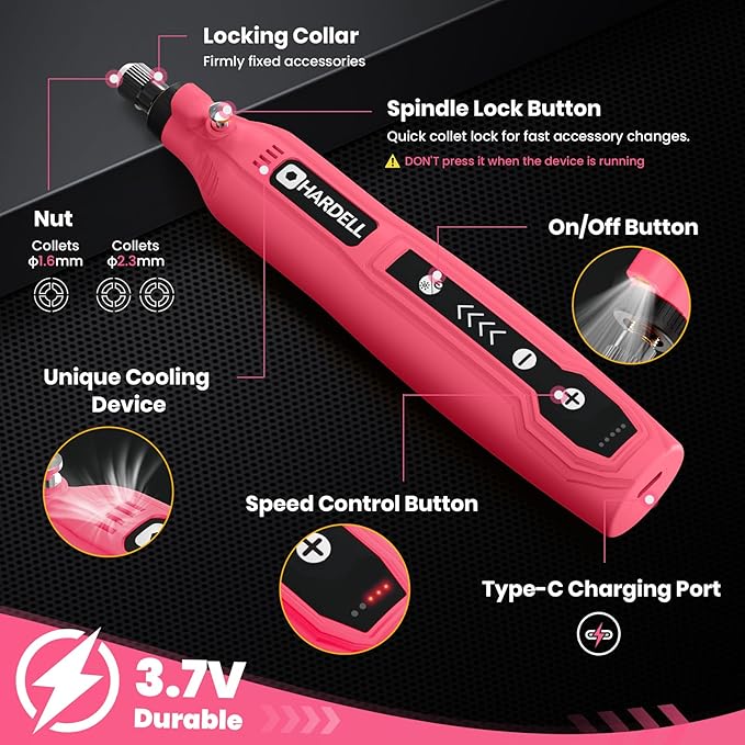 HARDELL Mini Cordless Rotary Tool, 5-Speed 3.7V Rechargeable Rotary Tool Kit with 69 Accessories, USB Charging Multi-Purpose DIY Tool for Sanding, Polishing, Drilling, Engraving(Pink 69pcs)