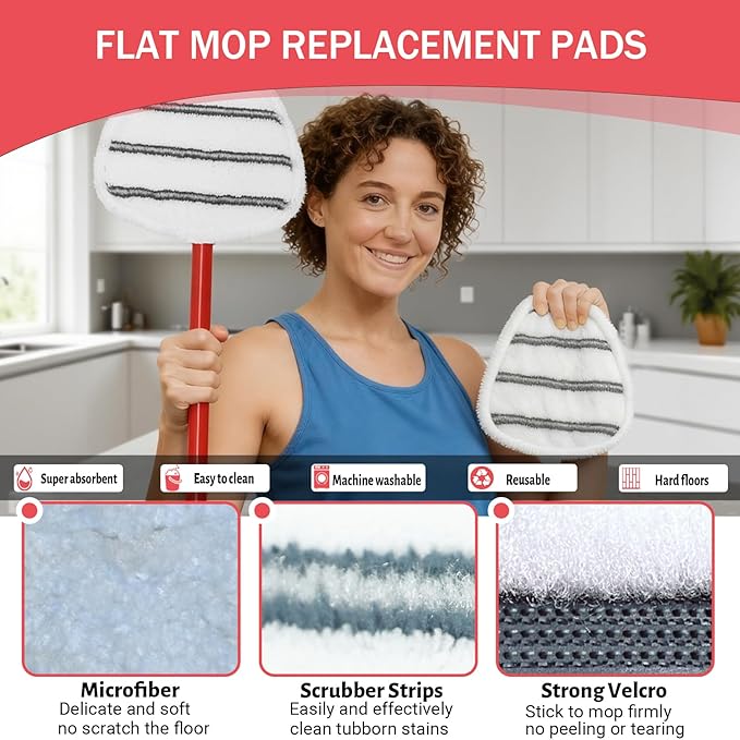 Triangule Flat Mop Replacement Pads, Spin Mop Pad Replacement, 8 Pack Mop Refill Pads, 1 Mop Base and 1 Scraper for Cleaning Floor, Wall, Ceiling, Easy to Replace