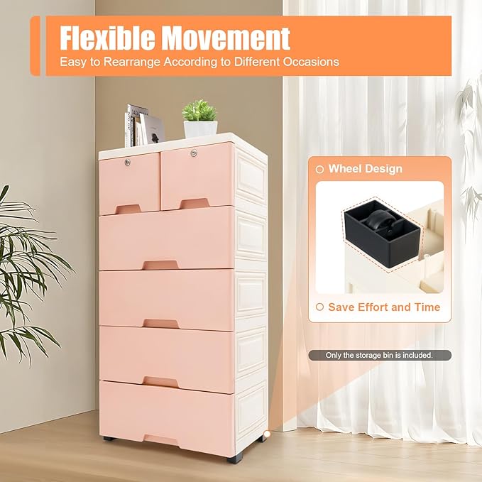 6 Drawer Storage Drawer,Closet Drawers Dresser Organizer, Dresser Plastic Storage Cabinet with 4 Wheels Pink Dressers for Bedroom