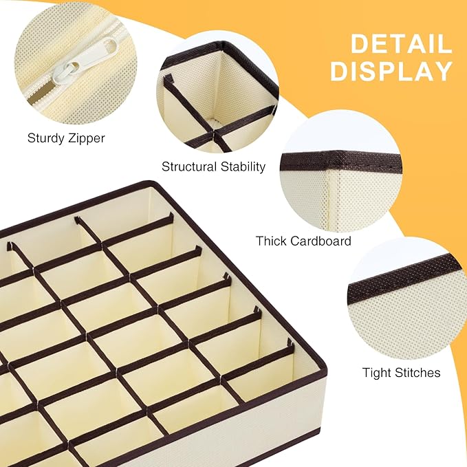 Sock and Underwear Organizer 2 Pack, 24 Cell Foldable Drawer Storage for Socks, Ties, Belts (Beige)