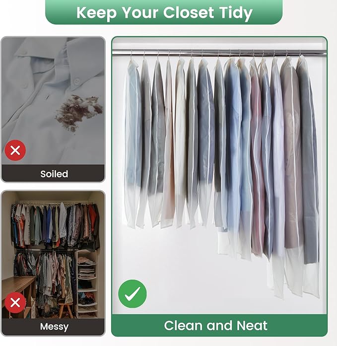 Carbrea Translucent Garment Bags for Hanging Clothes - Frosted Clothes Storage Bags for Suits, Dresses, Closet Storage - 10 Pack