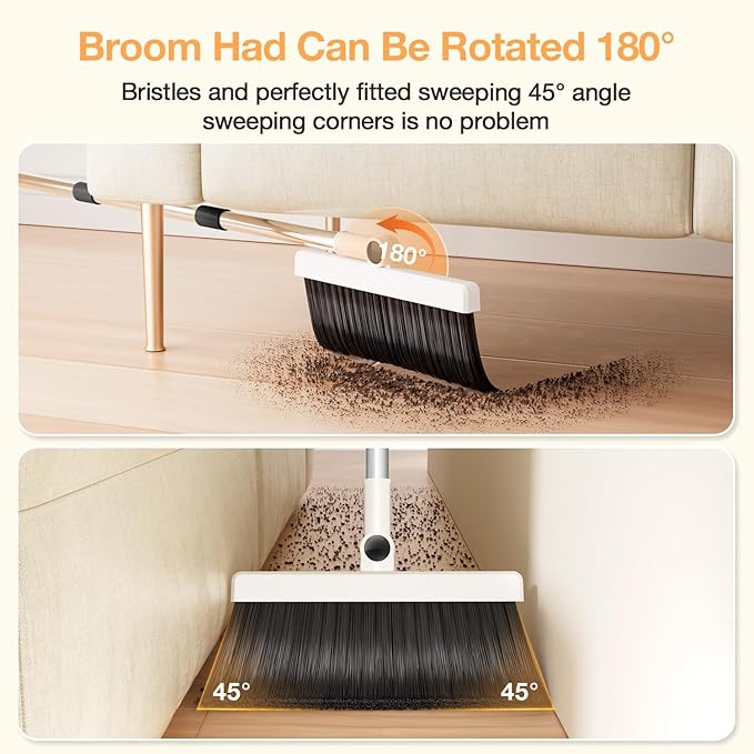 Broom with Dustpan Combo Set,UOEOS One-Sweep Clean,Pet Hair Removal Broom with Self-Cleaning Double-Layer Teeth,High Density Broom and Windproof Dustpan for Indoor&Outdoor